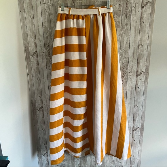 Asymmetrical Striped White Mustard Yellow Women's Wrap Maxi Skirt Medium - Picture 2 of 8